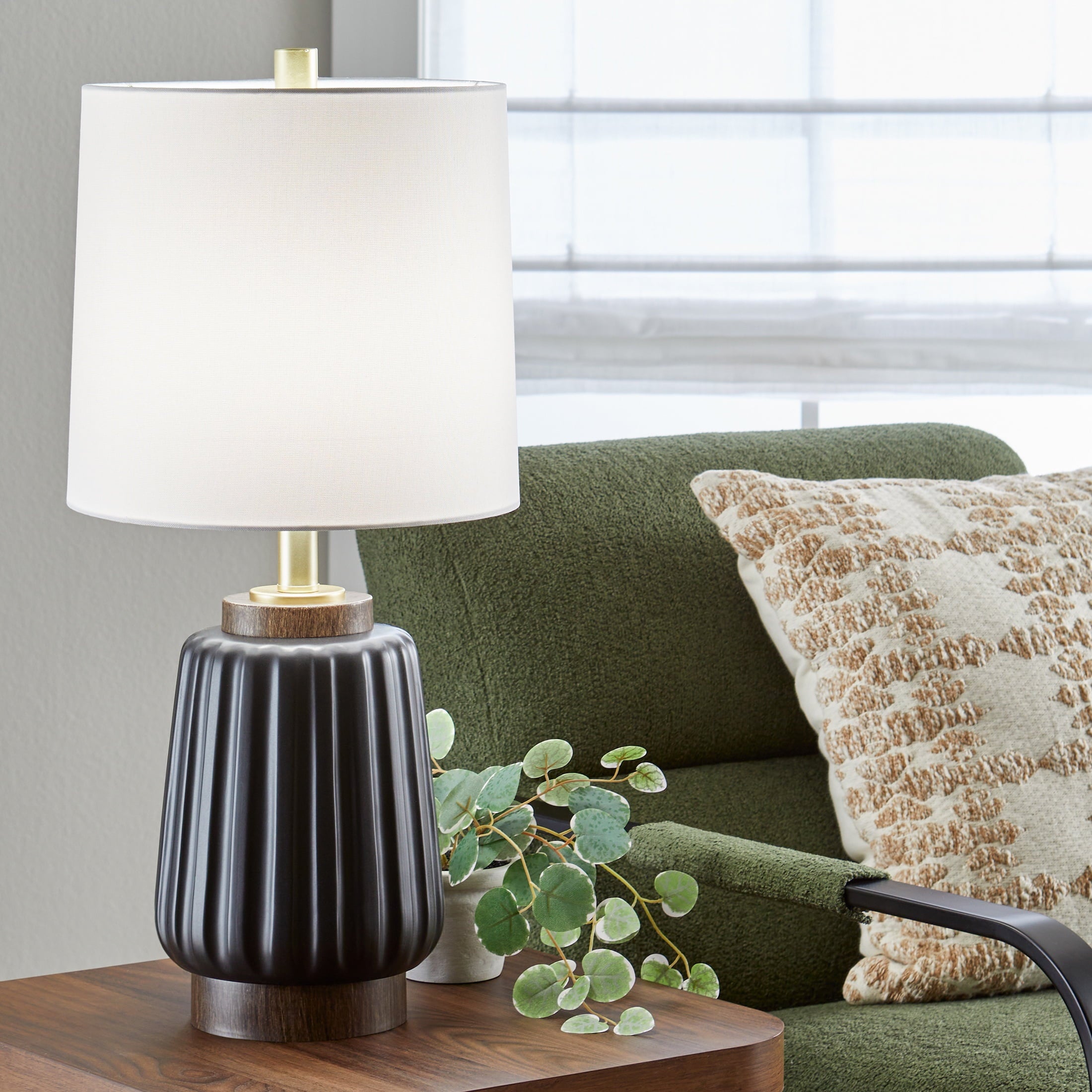 Better Homes &amp; Gardens 24" Black Ribbed Ceramic &amp; Wood Table Lamp