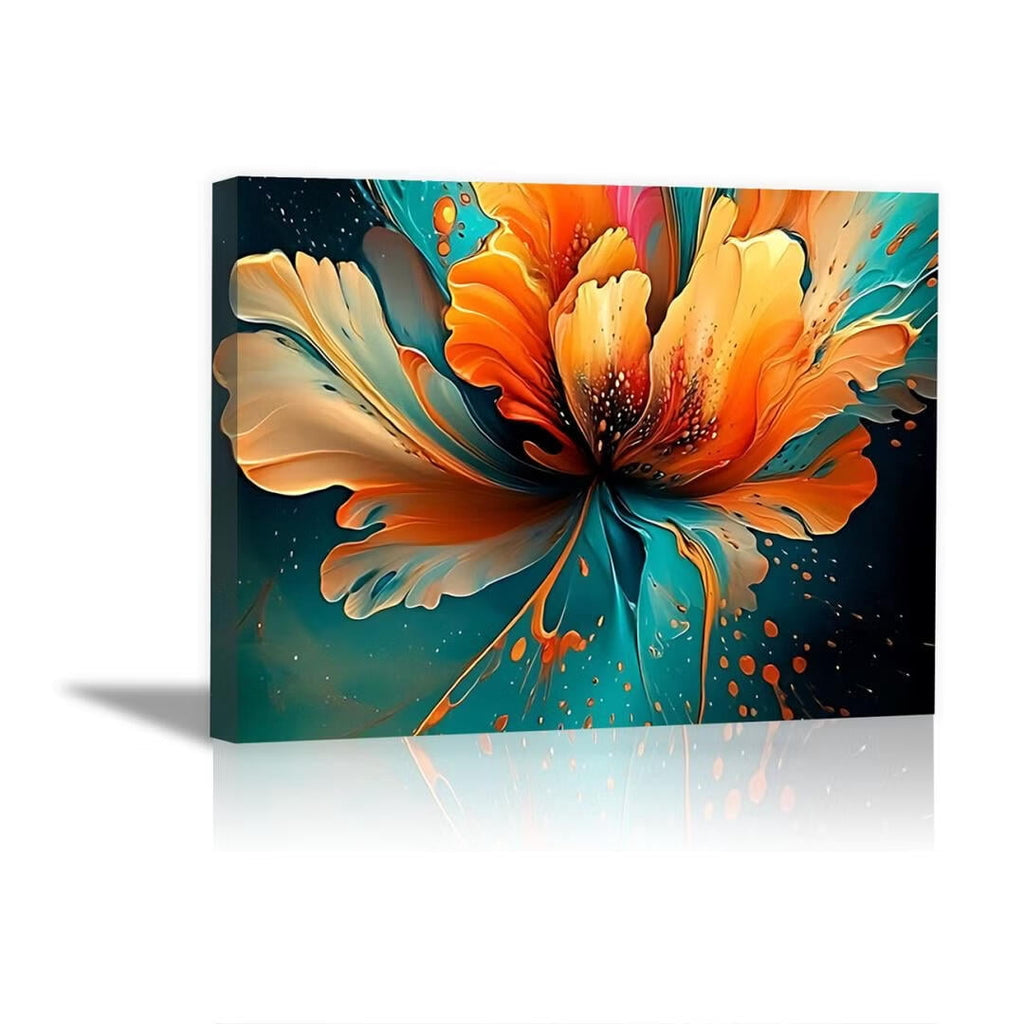 Mudket Framed Canvas Wall Art, Abstract Orange Teal Fluid Floral Wall Decor, Modern Waterproof Ready to Hang Art Prints for Living Room Bedroom Bathroom Office Home Decor - 18"L x 12"W