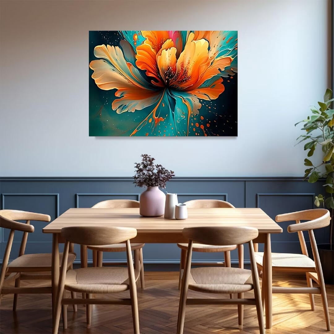 Mudket Framed Canvas Wall Art, Abstract Orange Teal Fluid Floral Wall Decor, Modern Waterproof Ready to Hang Art Prints for Living Room Bedroom Bathroom Office Home Decor - 18"L x 12"W