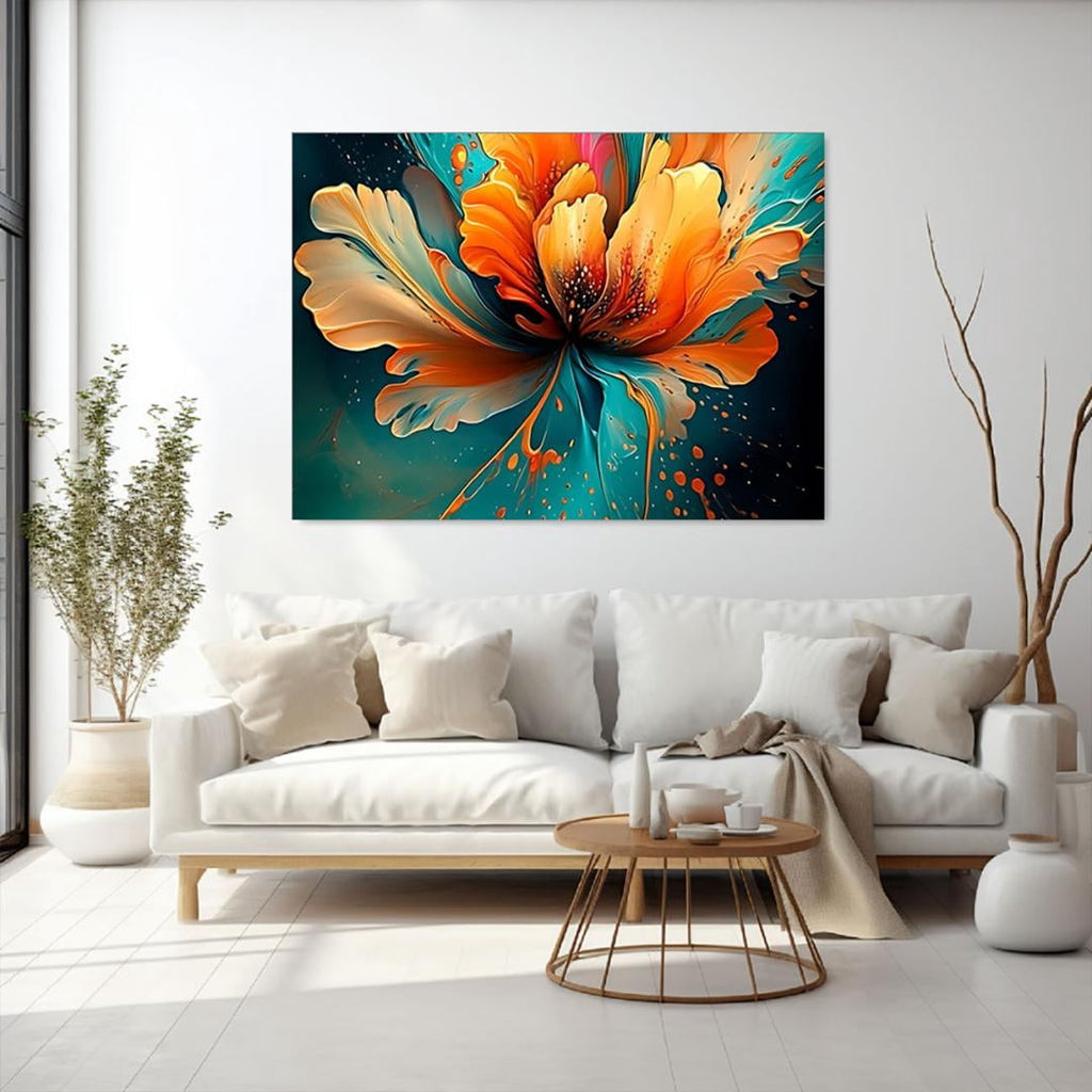 Mudket Framed Canvas Wall Art, Abstract Orange Teal Fluid Floral Wall Decor, Modern Waterproof Ready to Hang Art Prints for Living Room Bedroom Bathroom Office Home Decor - 18"L x 12"W