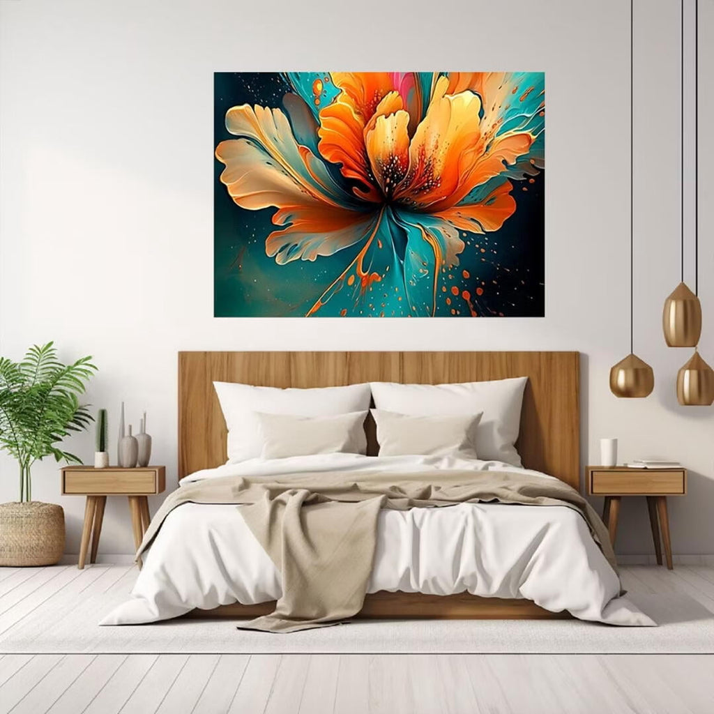 Mudket Framed Canvas Wall Art, Abstract Orange Teal Fluid Floral Wall Decor, Modern Waterproof Ready to Hang Art Prints for Living Room Bedroom Bathroom Office Home Decor - 18"L x 12"W