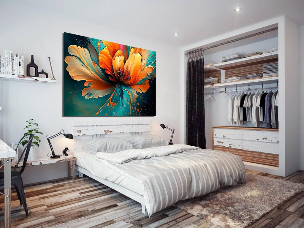 Mudket Framed Canvas Wall Art, Abstract Orange Teal Fluid Floral Wall Decor, Modern Waterproof Ready to Hang Art Prints for Living Room Bedroom Bathroom Office Home Decor - 18"L x 12"W