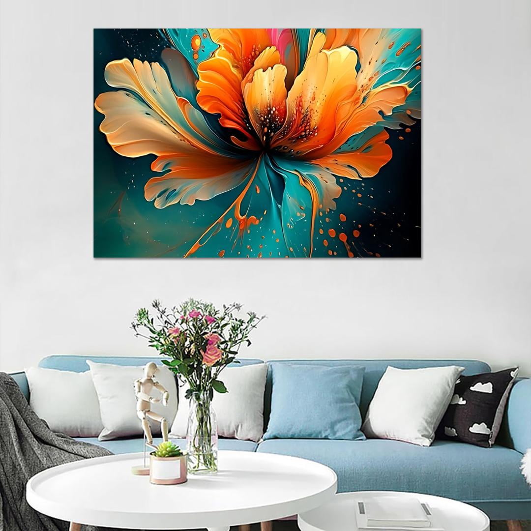 Mudket Framed Canvas Wall Art, Abstract Orange Teal Fluid Floral Wall Decor, Modern Waterproof Ready to Hang Art Prints for Living Room Bedroom Bathroom Office Home Decor - 18"L x 12"W