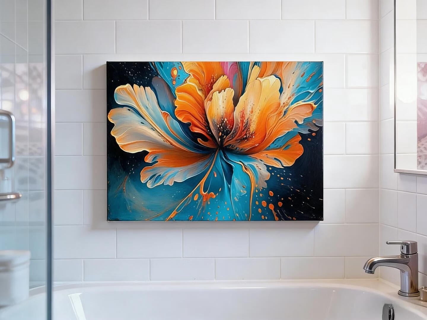 Mudket Framed Canvas Wall Art, Abstract Orange Teal Fluid Floral Wall Decor, Modern Waterproof Ready to Hang Art Prints for Living Room Bedroom Bathroom Office Home Decor - 18"L x 12"W