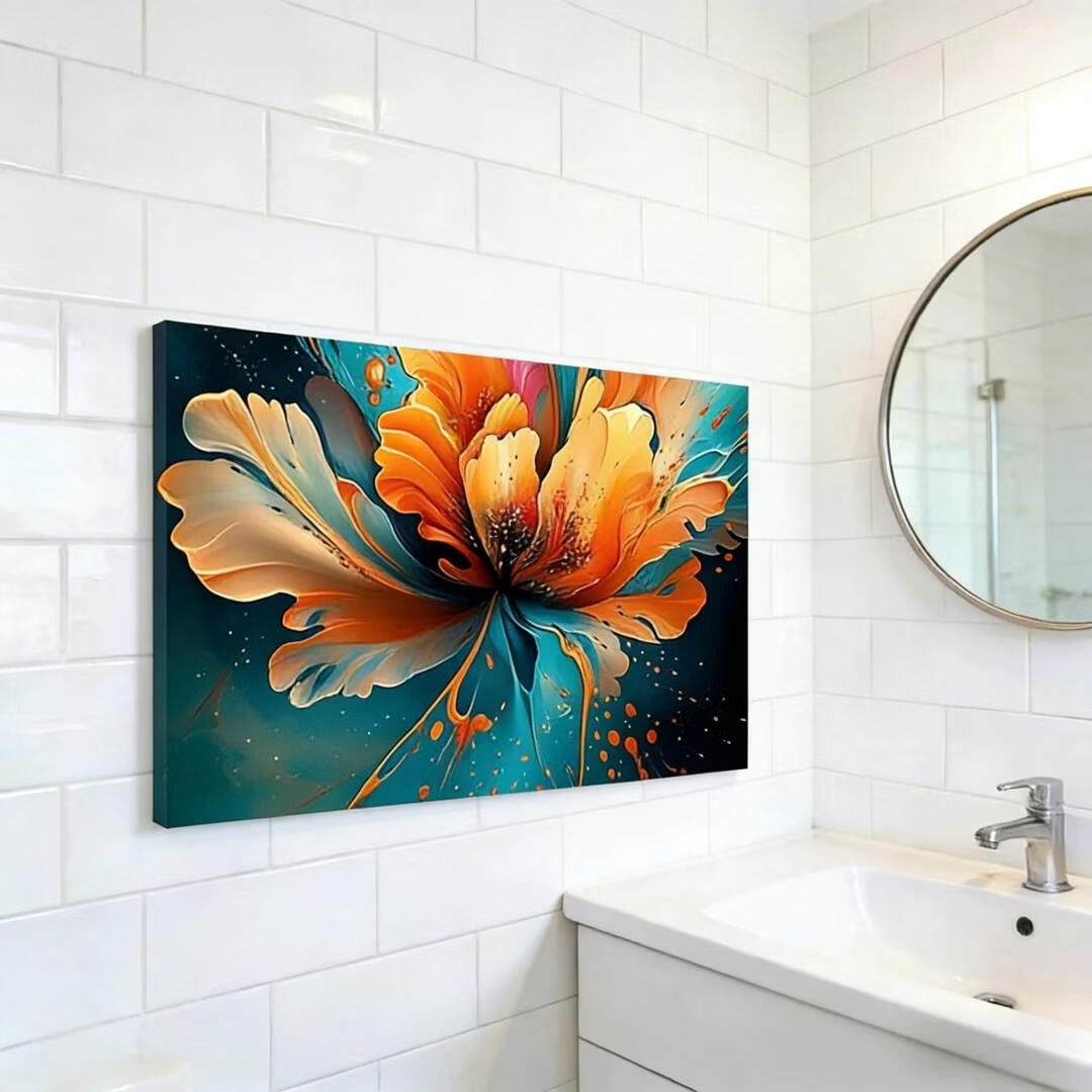 Mudket Framed Canvas Wall Art, Abstract Orange Teal Fluid Floral Wall Decor, Modern Waterproof Ready to Hang Art Prints for Living Room Bedroom Bathroom Office Home Decor - 18"L x 12"W