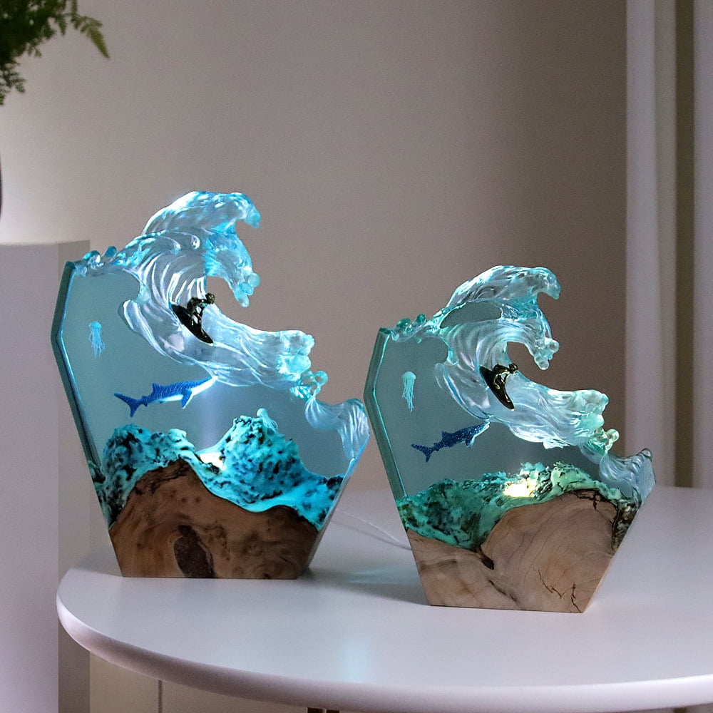 Shark Ocean Resin Lamp, Handmade Resin Night Light for Home Office Decor, Multi-Color LED Light with USB Port, Shark Gifts for Birthday Holiday(10")