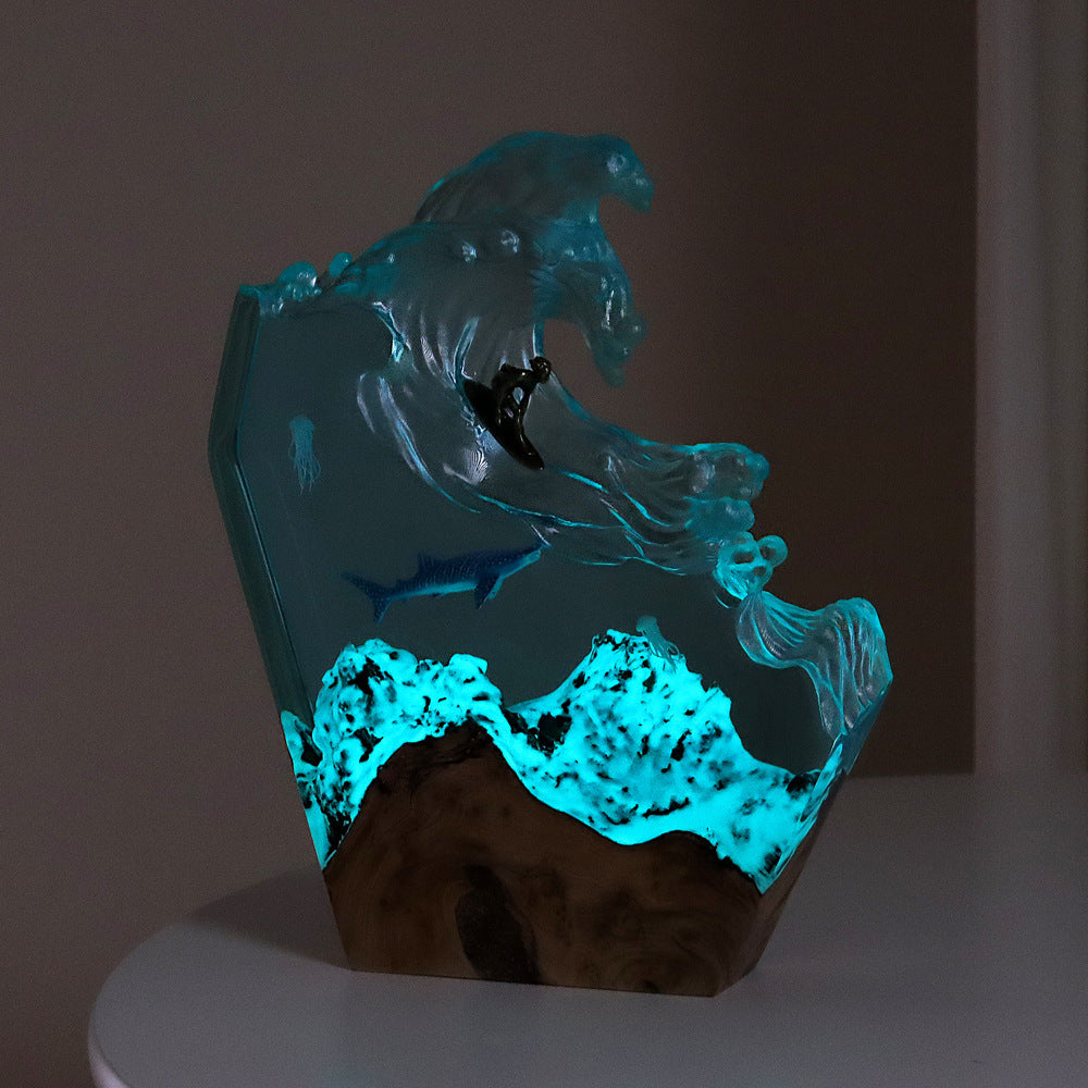 Shark Ocean Resin Lamp, Handmade Resin Night Light for Home Office Decor, Multi-Color LED Light with USB Port, Shark Gifts for Birthday Holiday(10")