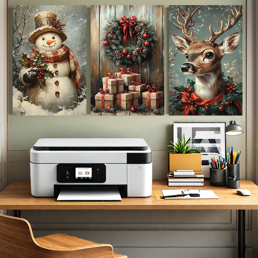3pcs Eclectic Vintage Christmas Canvas Wall Art Set, Oblong Unframed Festive Paintings for Living Room and Bedroom Decor, Horizontal Orientation, Canvas Material