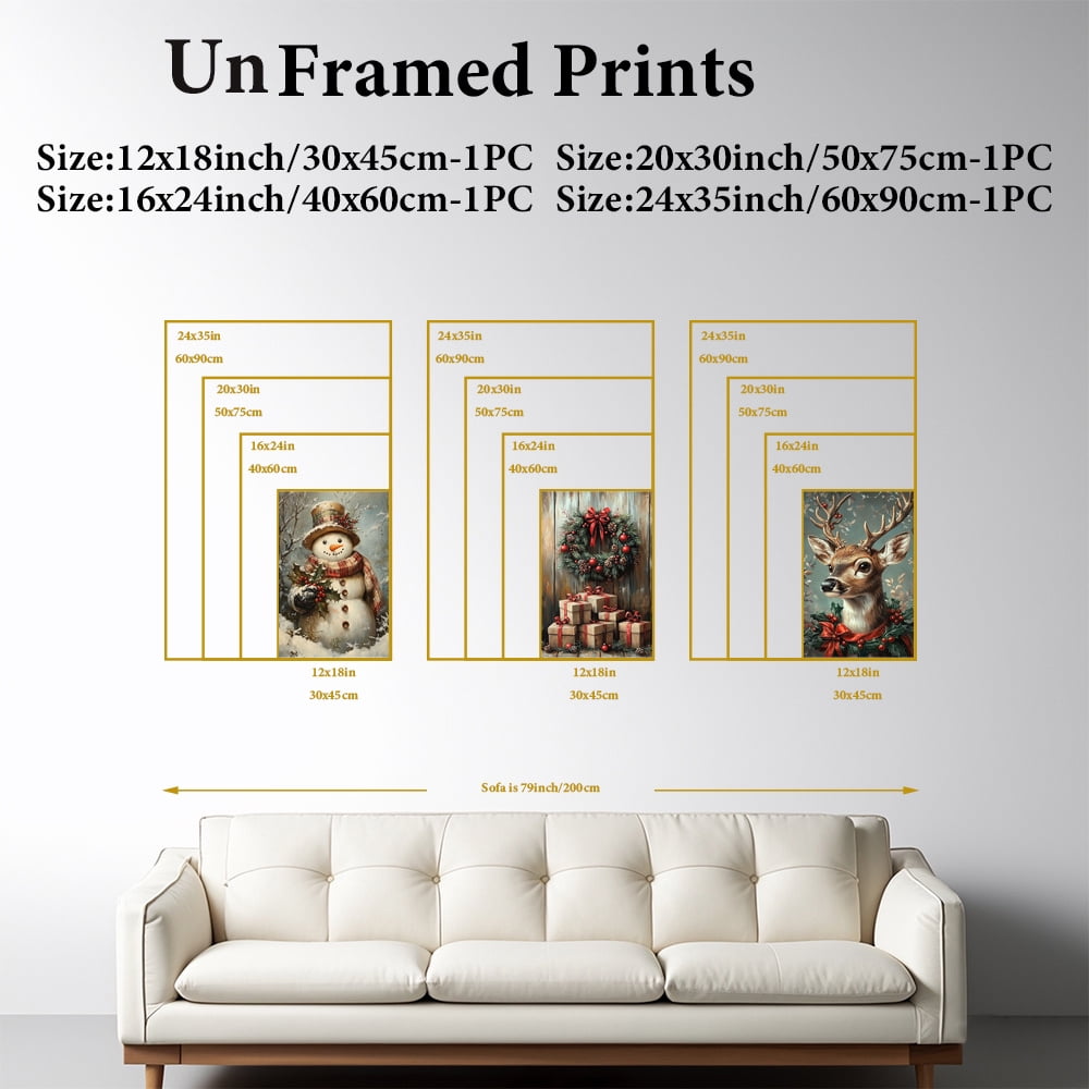 3pcs Eclectic Vintage Christmas Canvas Wall Art Set, Oblong Unframed Festive Paintings for Living Room and Bedroom Decor, Horizontal Orientation, Canvas Material