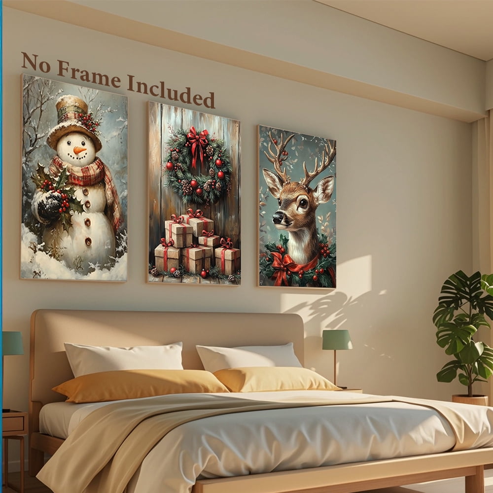 3pcs Eclectic Vintage Christmas Canvas Wall Art Set, Oblong Unframed Festive Paintings for Living Room and Bedroom Decor, Horizontal Orientation, Canvas Material
