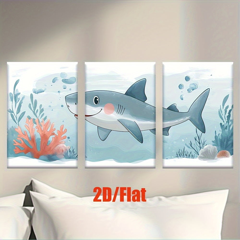 2D Flat, 3pcs Frameless Shark Canvas Posters - Smiling Shark Underwater Art Prints in Blue &amp; Pink, Modern Ocean Decor for Living Room, Office, Kids Room - Birthday, Father'S Day, Graduation Gifts -