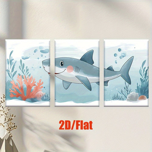 2D Flat, 3pcs Frameless Shark Canvas Posters - Smiling Shark Underwater Art Prints in Blue &amp; Pink, Modern Ocean Decor for Living Room, Office, Kids Room - Birthday, Father'S Day, Graduation Gifts -