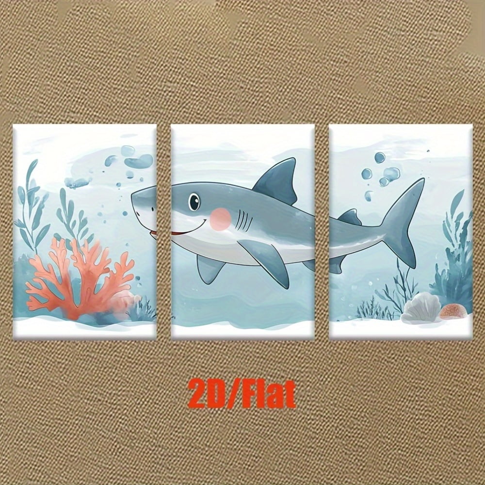 2D Flat, 3pcs Frameless Shark Canvas Posters - Smiling Shark Underwater Art Prints in Blue &amp; Pink, Modern Ocean Decor for Living Room, Office, Kids Room - Birthday, Father'S Day, Graduation Gifts -