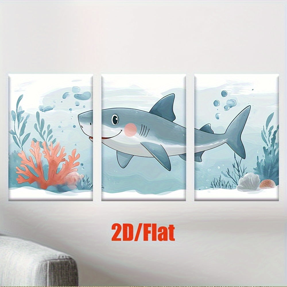 2D Flat, 3pcs Frameless Shark Canvas Posters - Smiling Shark Underwater Art Prints in Blue &amp; Pink, Modern Ocean Decor for Living Room, Office, Kids Room - Birthday, Father'S Day, Graduation Gifts -