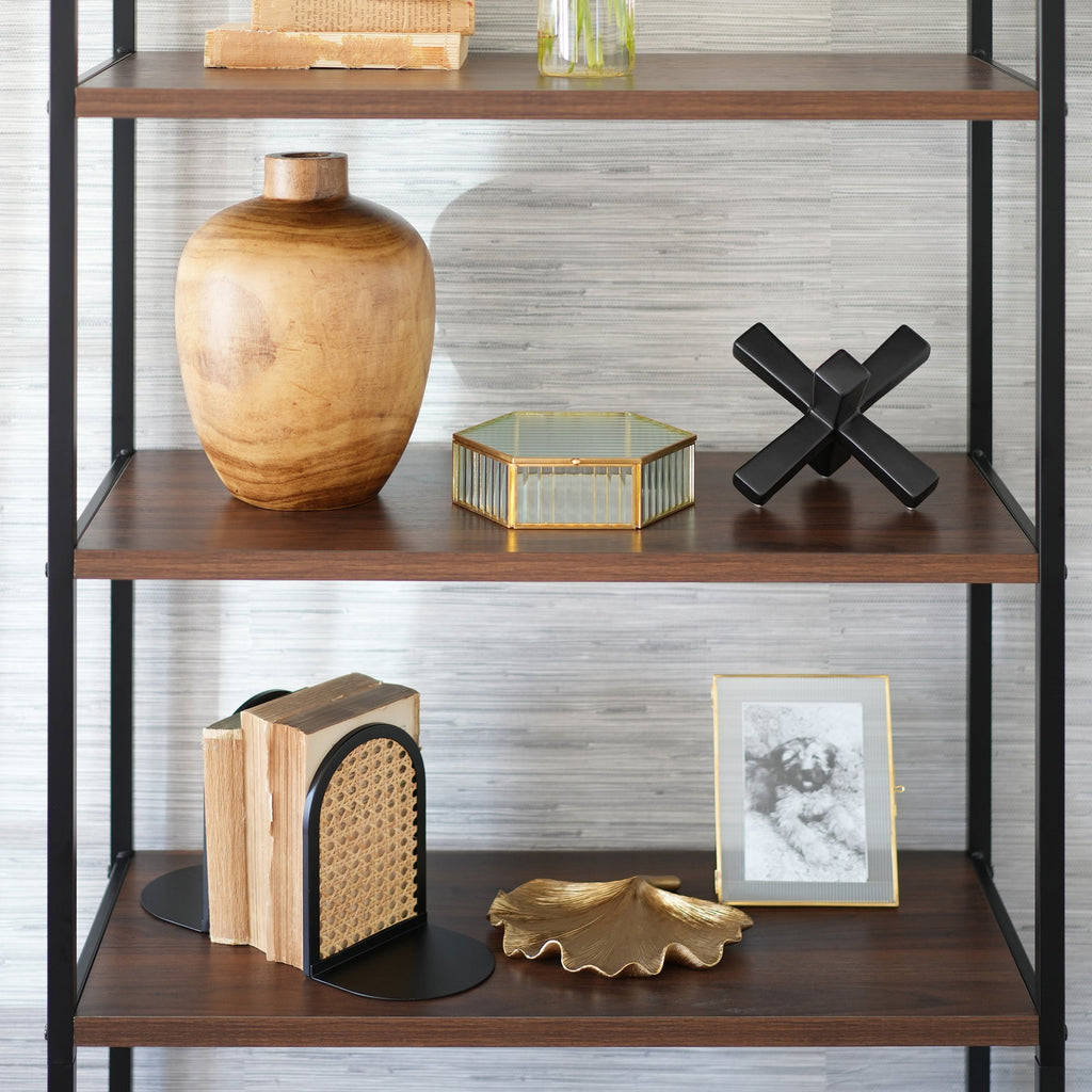 Home Decor Collection Arched Black Metal and Natural Rattan Indoor Tabletop Bookends