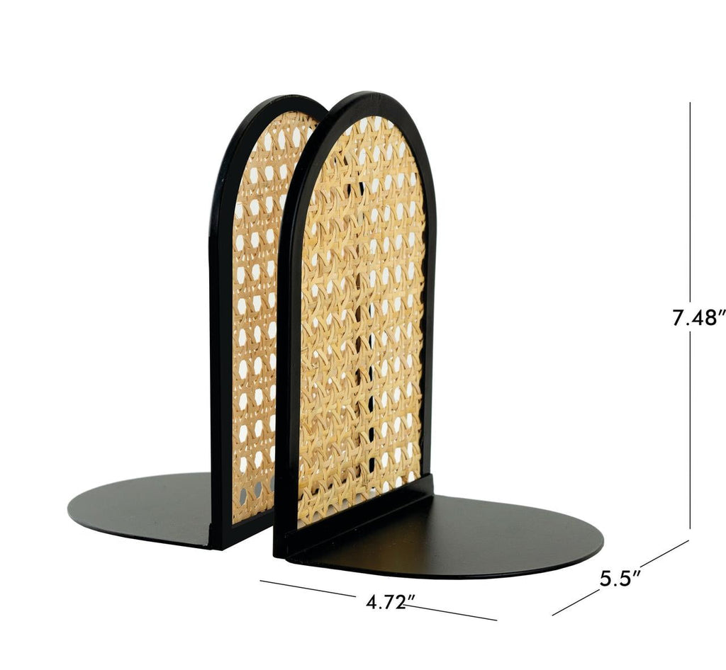 Home Decor Collection Arched Black Metal and Natural Rattan Indoor Tabletop Bookends