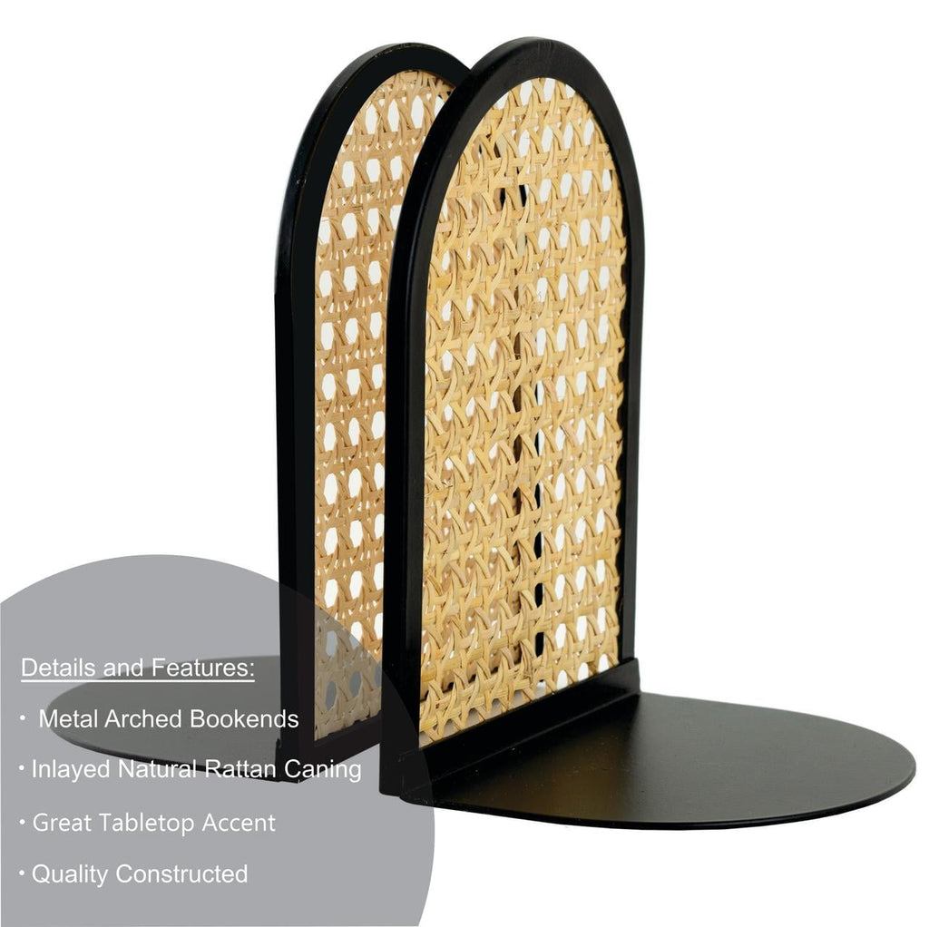 Home Decor Collection Arched Black Metal and Natural Rattan Indoor Tabletop Bookends