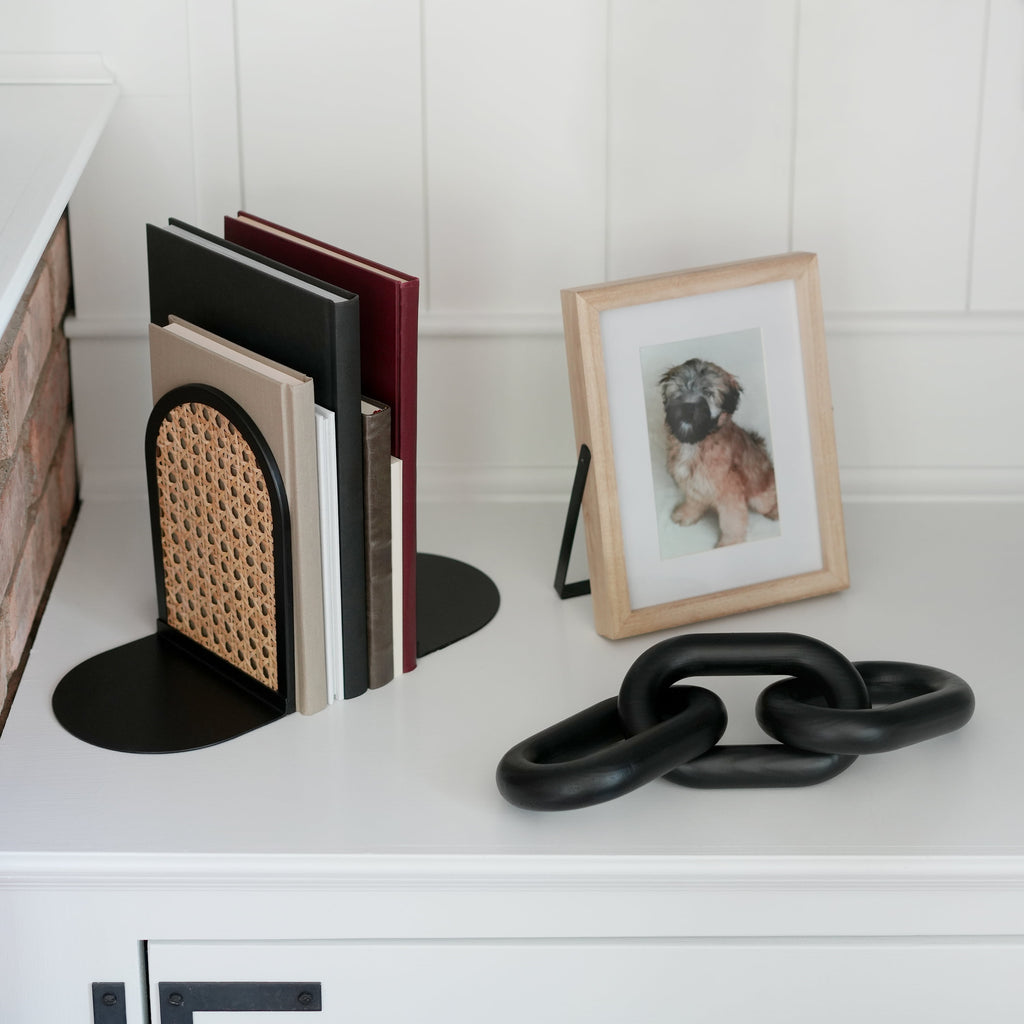 Home Decor Collection Arched Black Metal and Natural Rattan Indoor Tabletop Bookends
