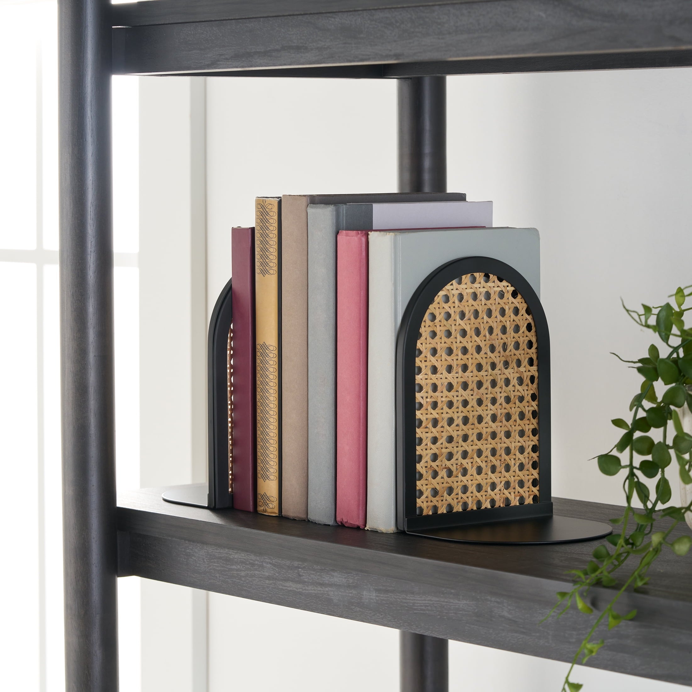 Home Decor Collection Arched Black Metal and Natural Rattan Indoor Tabletop Bookends
