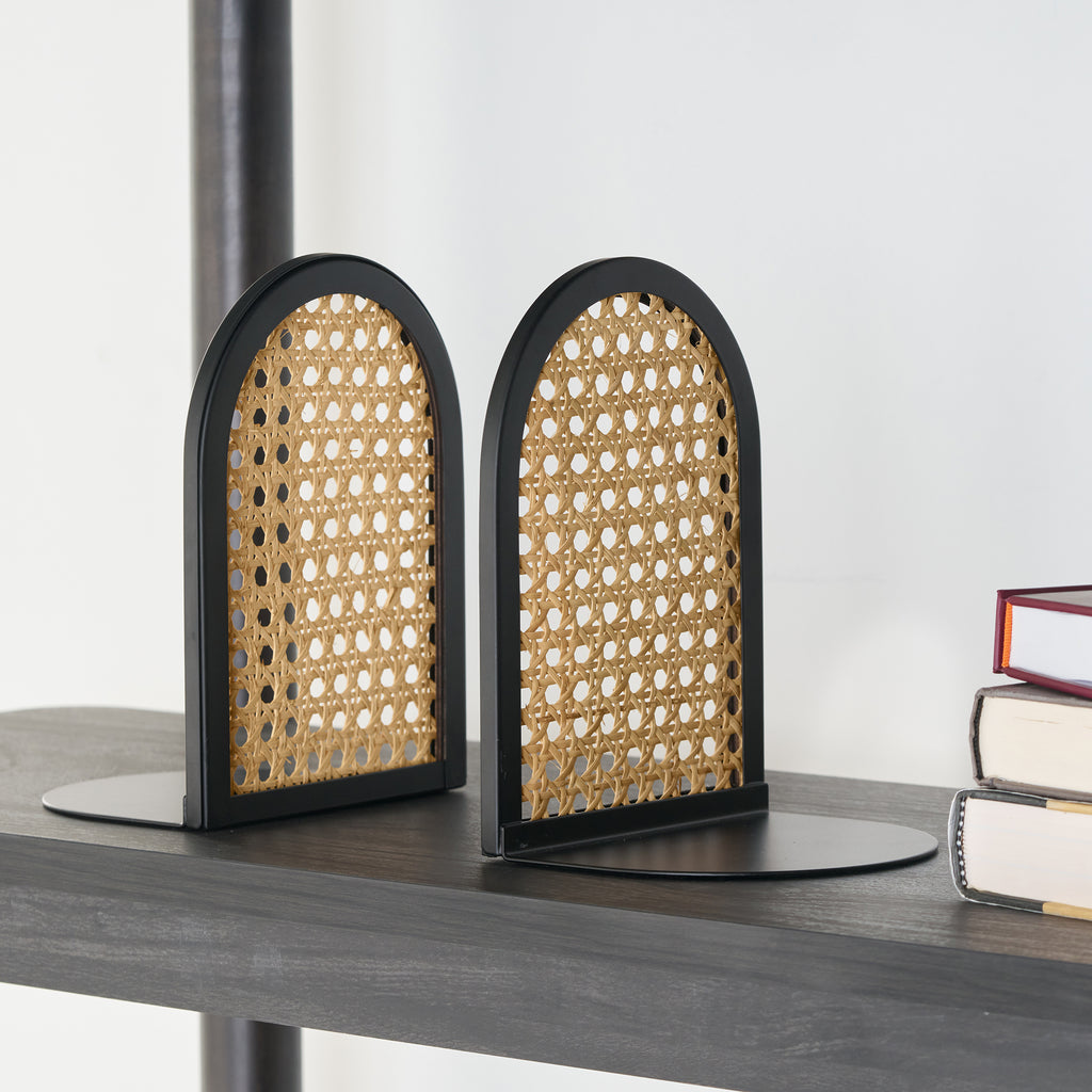 Home Decor Collection Arched Black Metal and Natural Rattan Indoor Tabletop Bookends