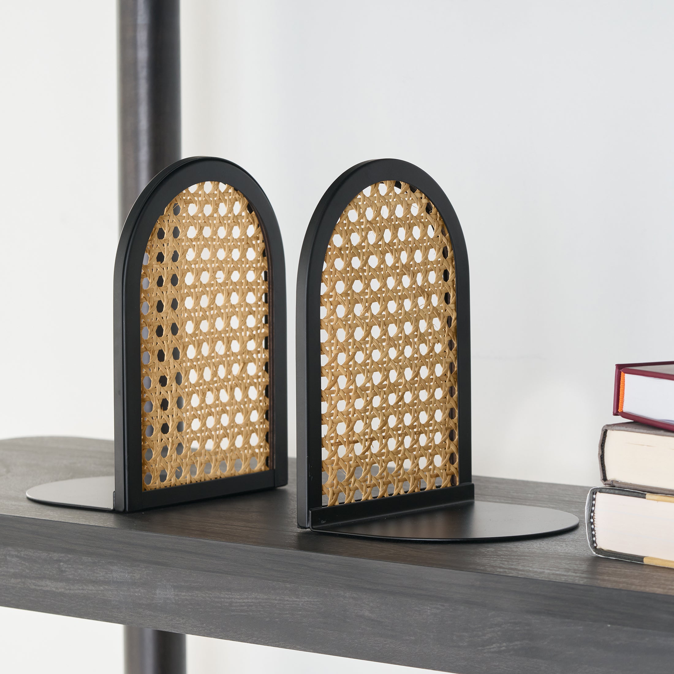 Home Decor Collection Arched Black Metal and Natural Rattan Indoor Tabletop Bookends