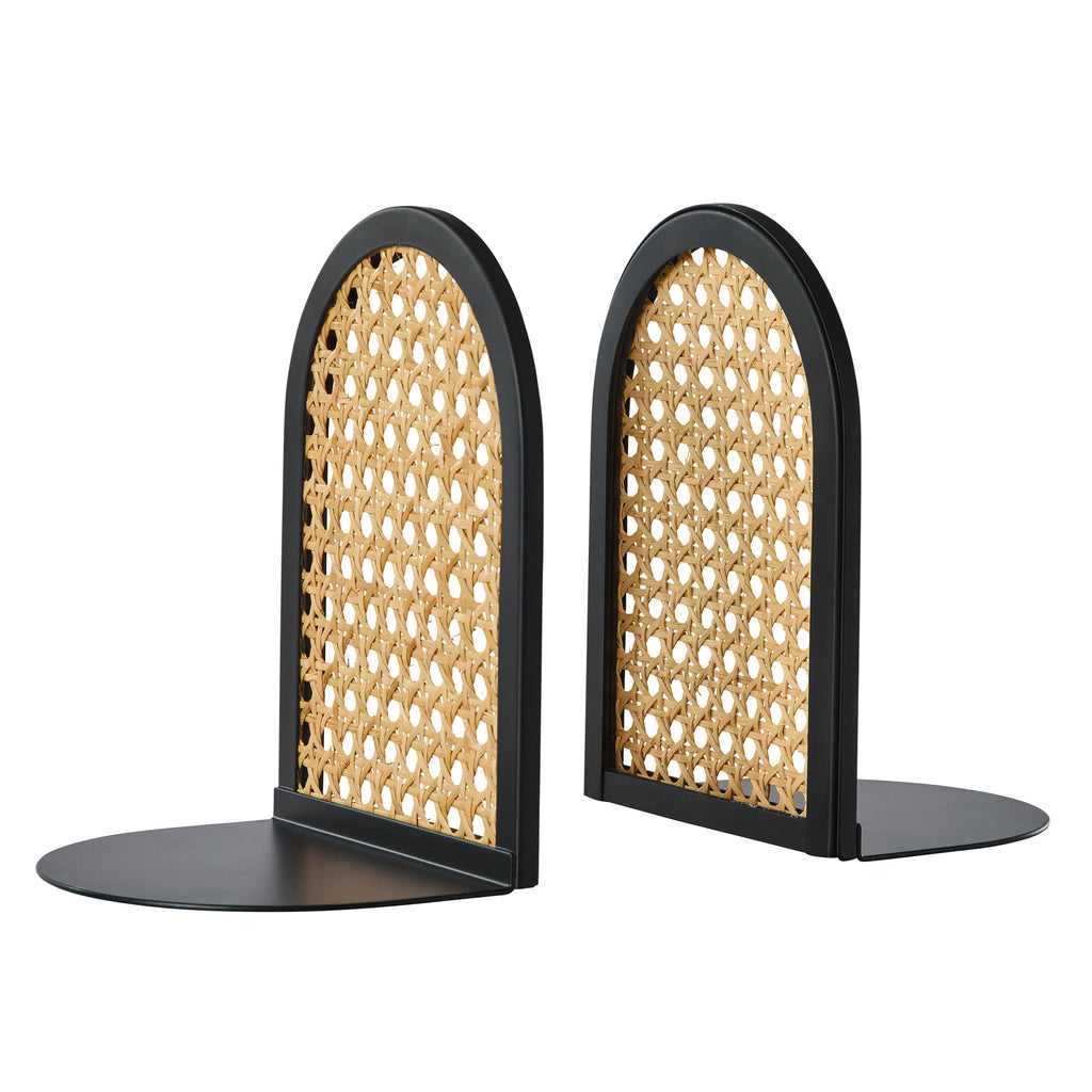 Home Decor Collection Arched Black Metal and Natural Rattan Indoor Tabletop Bookends