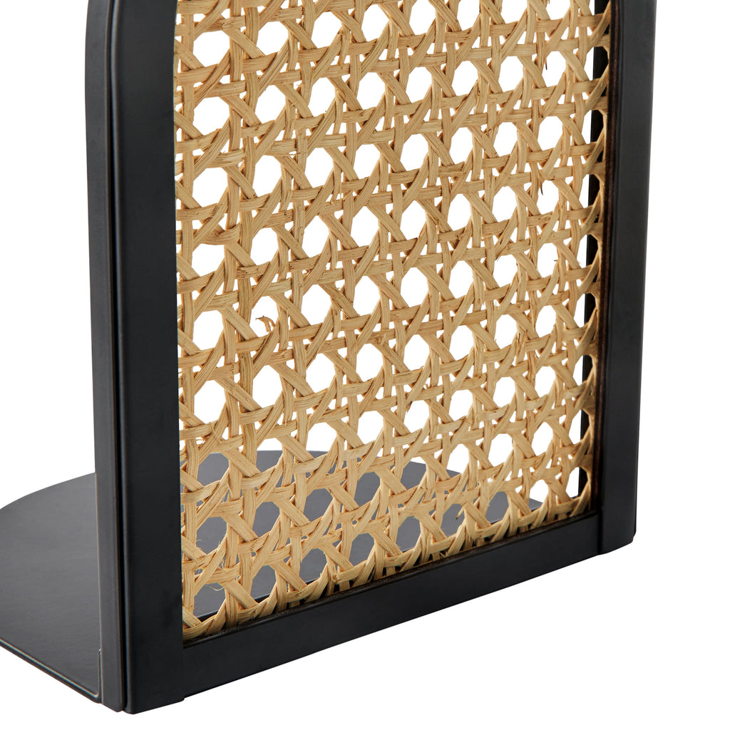 Home Decor Collection Arched Black Metal and Natural Rattan Indoor Tabletop Bookends