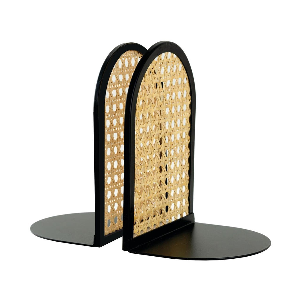 Home Decor Collection Arched Black Metal and Natural Rattan Indoor Tabletop Bookends