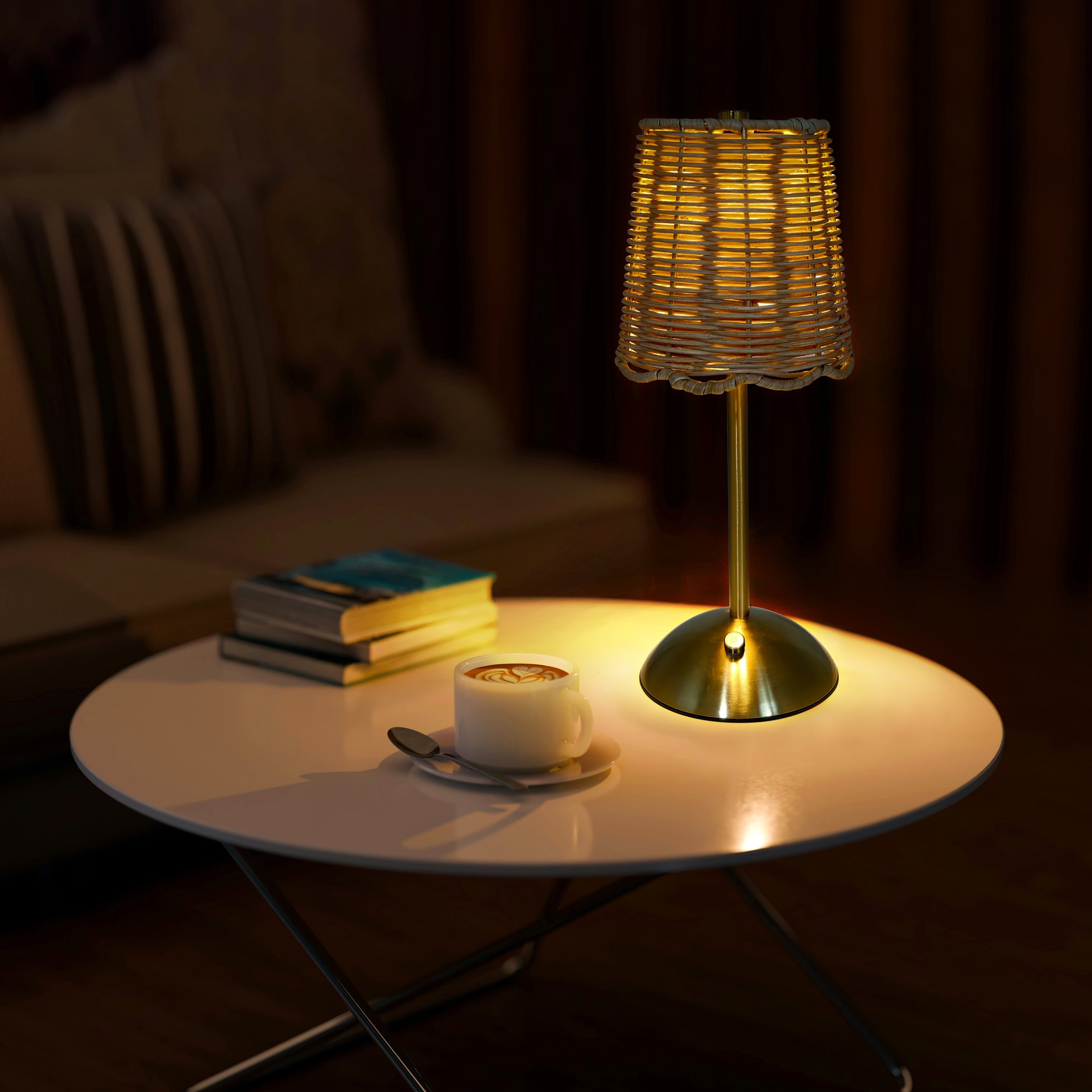 Home Decor Collection Sterling &amp; Noble Home Cordless Indoor Rattan and Gold Colored Table Lamp with Touch Switch/Dimmer