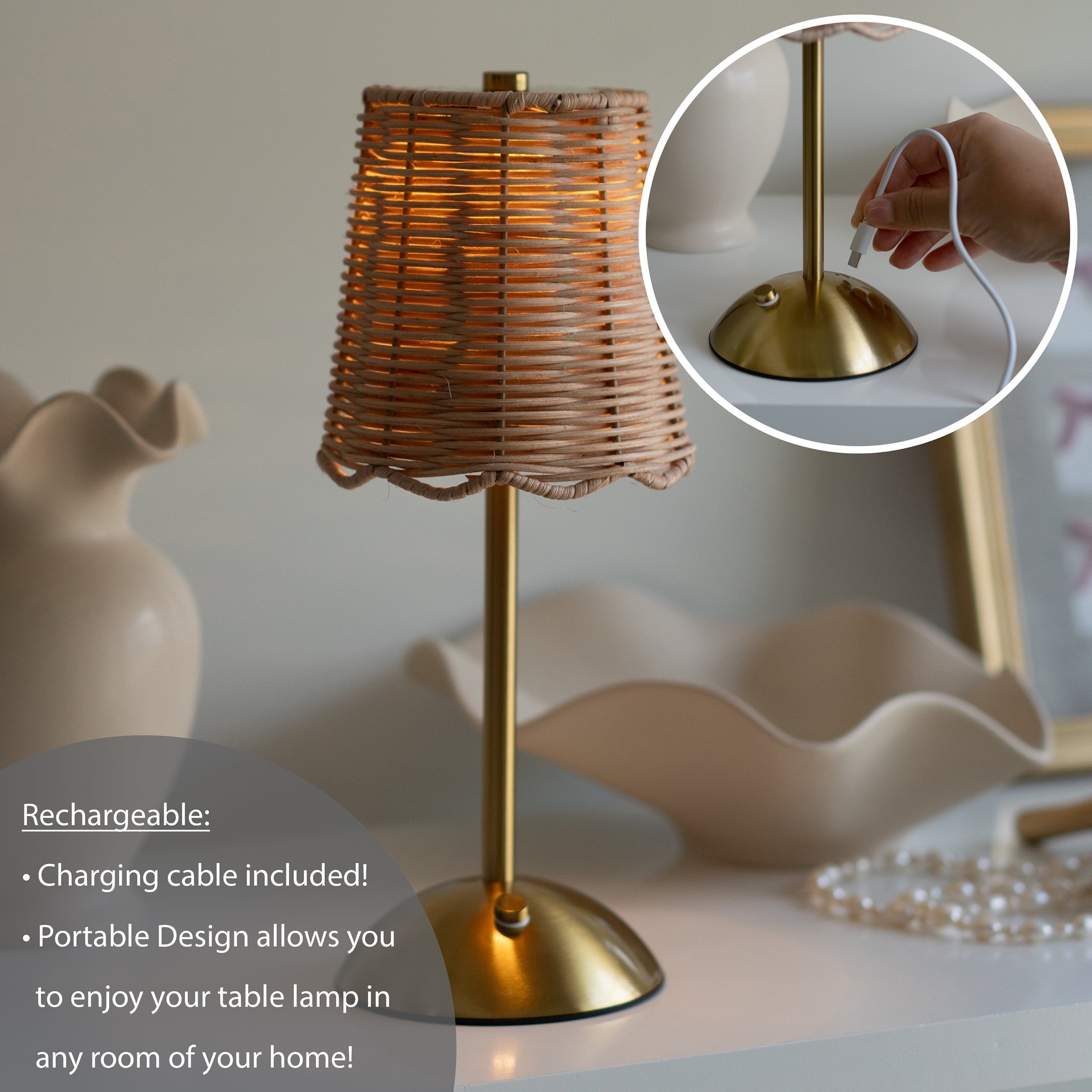 Home Decor Collection Sterling &amp; Noble Home Cordless Indoor Rattan and Gold Colored Table Lamp with Touch Switch/Dimmer