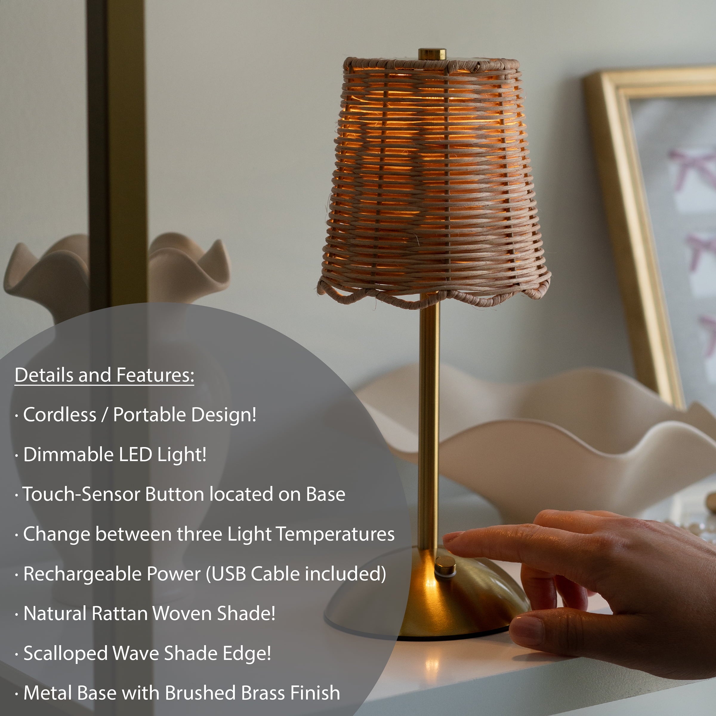 Home Decor Collection Sterling &amp; Noble Home Cordless Indoor Rattan and Gold Colored Table Lamp with Touch Switch/Dimmer