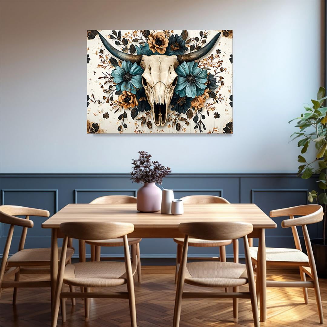 Mudket Framed Canvas Wall Art, Bull Skull with Teal Brown Floral Wall Decor, Western Boho Rustic Southwestern Waterproof Art Prints for Living Room Bedroom Office Home Decor - 18"L x 12"W