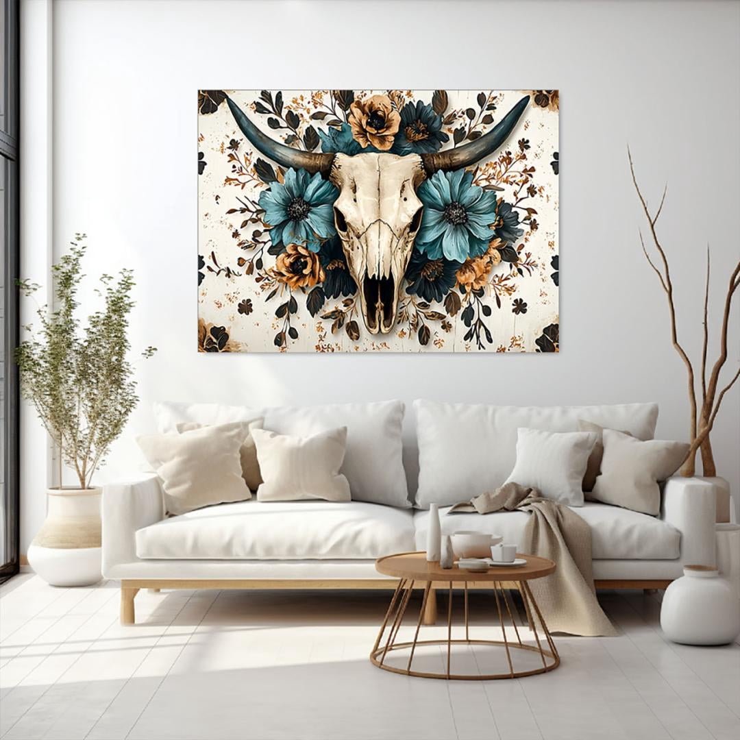 Mudket Framed Canvas Wall Art, Bull Skull with Teal Brown Floral Wall Decor, Western Boho Rustic Southwestern Waterproof Art Prints for Living Room Bedroom Office Home Decor - 18"L x 12"W