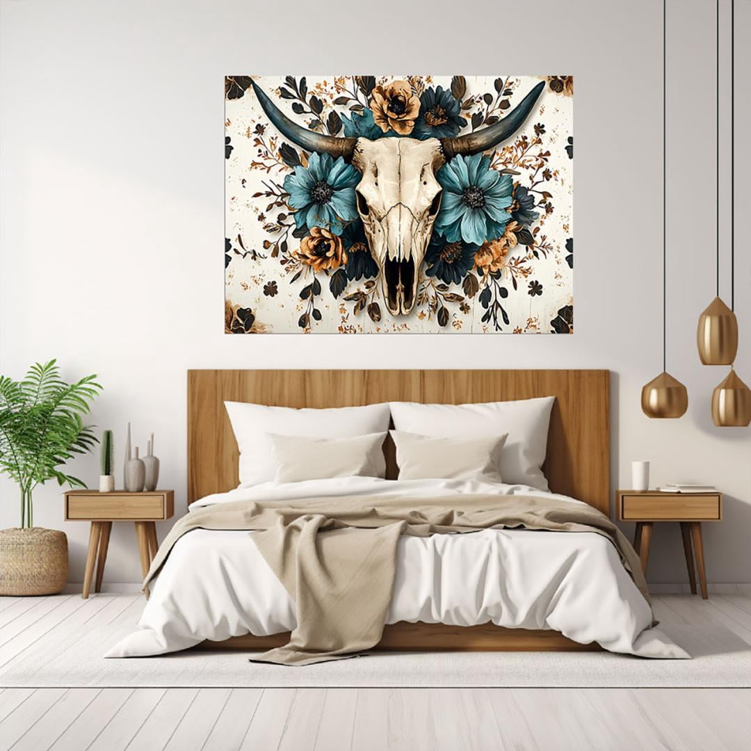 Mudket Framed Canvas Wall Art, Bull Skull with Teal Brown Floral Wall Decor, Western Boho Rustic Southwestern Waterproof Art Prints for Living Room Bedroom Office Home Decor - 18"L x 12"W