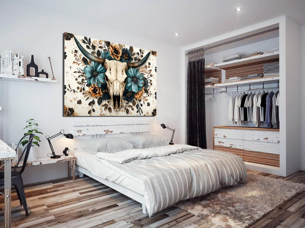 Mudket Framed Canvas Wall Art, Bull Skull with Teal Brown Floral Wall Decor, Western Boho Rustic Southwestern Waterproof Art Prints for Living Room Bedroom Office Home Decor - 18"L x 12"W