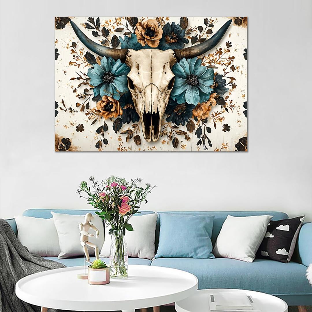 Mudket Framed Canvas Wall Art, Bull Skull with Teal Brown Floral Wall Decor, Western Boho Rustic Southwestern Waterproof Art Prints for Living Room Bedroom Office Home Decor - 18"L x 12"W
