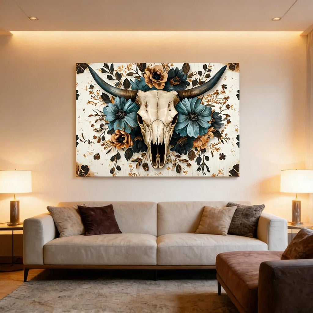 Mudket Framed Canvas Wall Art, Bull Skull with Teal Brown Floral Wall Decor, Western Boho Rustic Southwestern Waterproof Art Prints for Living Room Bedroom Office Home Decor - 18"L x 12"W