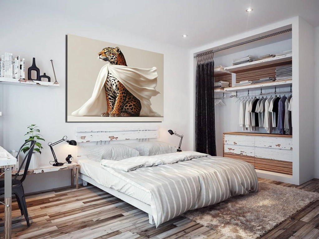 Mudket Leopard with White Flowing Cloak Canvas Wall Art, Modern Minimalist Luxury Art Work Print for Living Room Office Entryway Home Decor , Framed Ready to Hang - 18"L x 12"W