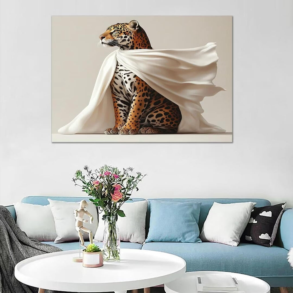 Mudket Leopard with White Flowing Cloak Canvas Wall Art, Modern Minimalist Luxury Art Work Print for Living Room Office Entryway Home Decor , Framed Ready to Hang - 18"L x 12"W