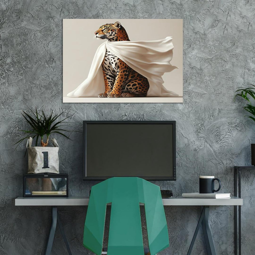 Mudket Leopard with White Flowing Cloak Canvas Wall Art, Modern Minimalist Luxury Art Work Print for Living Room Office Entryway Home Decor , Framed Ready to Hang - 18"L x 12"W