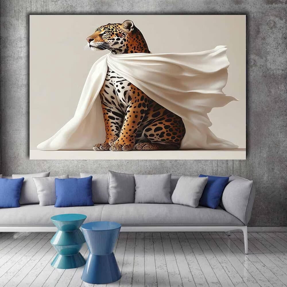 Mudket Leopard with White Flowing Cloak Canvas Wall Art, Modern Minimalist Luxury Art Work Print for Living Room Office Entryway Home Decor , Framed Ready to Hang - 18"L x 12"W