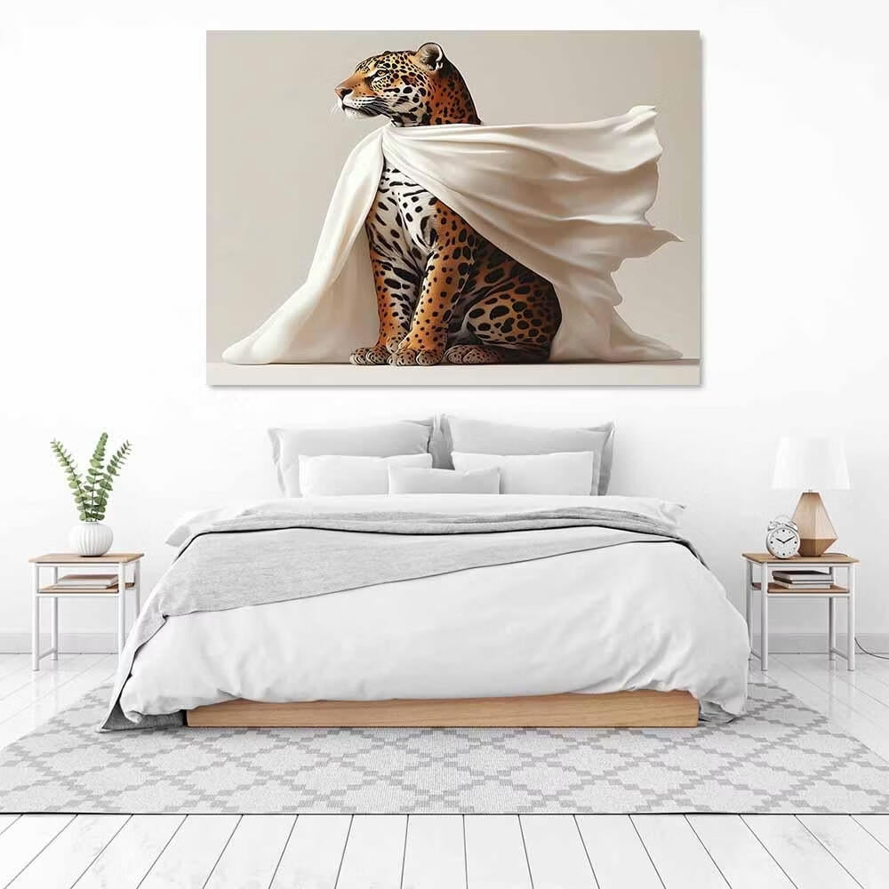 Mudket Leopard with White Flowing Cloak Canvas Wall Art, Modern Minimalist Luxury Art Work Print for Living Room Office Entryway Home Decor , Framed Ready to Hang - 18"L x 12"W