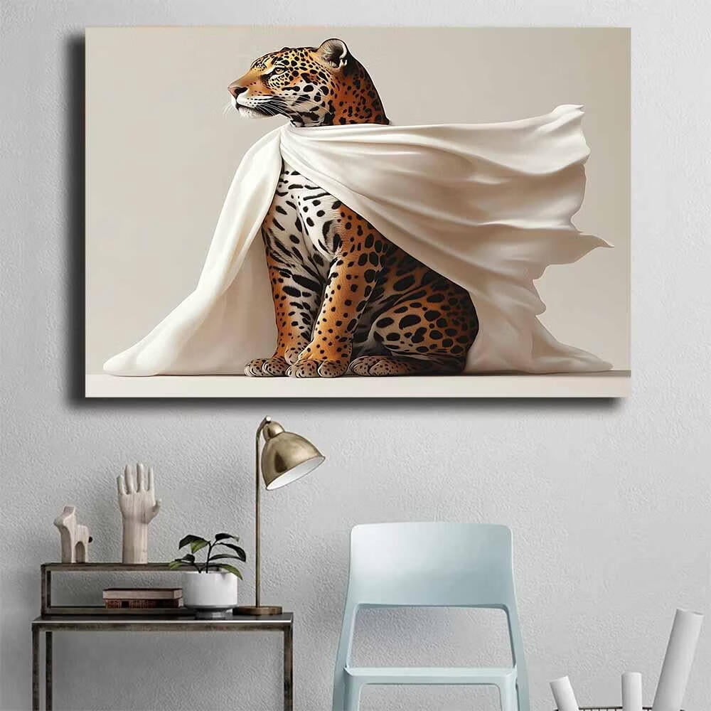Mudket Leopard with White Flowing Cloak Canvas Wall Art, Modern Minimalist Luxury Art Work Print for Living Room Office Entryway Home Decor , Framed Ready to Hang - 18"L x 12"W
