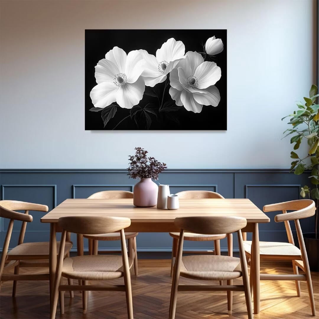 Mudket Framed Canvas Wall Art, Black and White Poppy Flowers Wall Decor, Minimalist Modern Floral Waterproof Art Prints for Living Room Bedroom Bathroom Home Decor - 18"L x 12"W