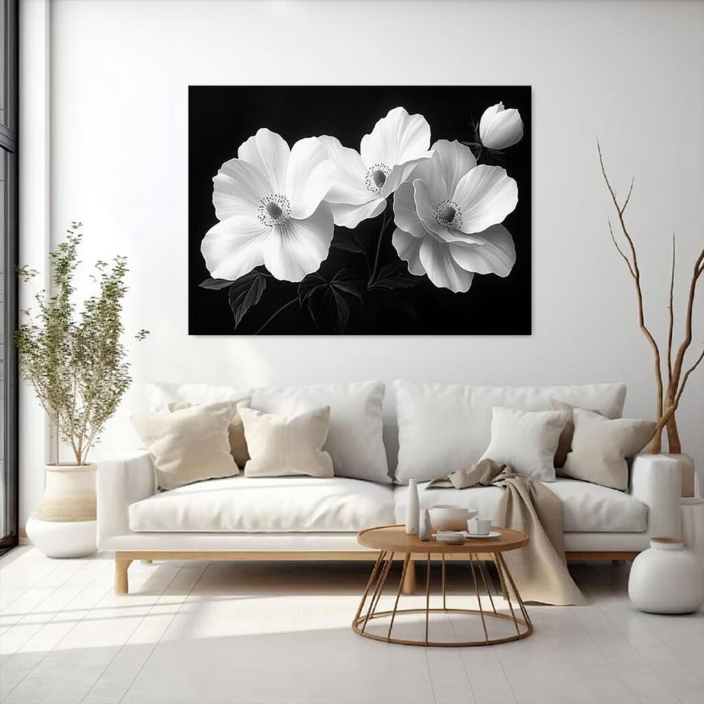 Mudket Framed Canvas Wall Art, Black and White Poppy Flowers Wall Decor, Minimalist Modern Floral Waterproof Art Prints for Living Room Bedroom Bathroom Home Decor - 18"L x 12"W