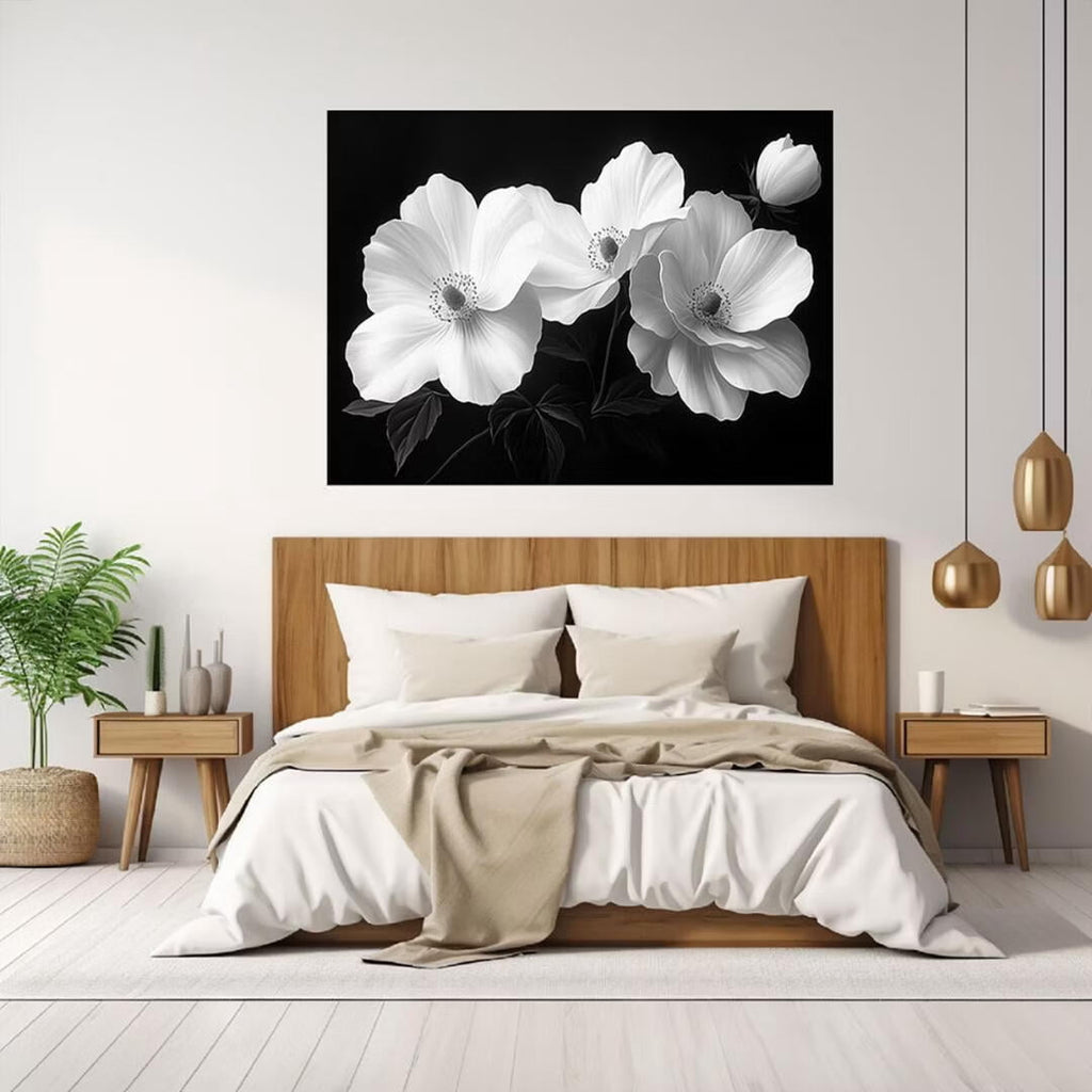 Mudket Framed Canvas Wall Art, Black and White Poppy Flowers Wall Decor, Minimalist Modern Floral Waterproof Art Prints for Living Room Bedroom Bathroom Home Decor - 18"L x 12"W