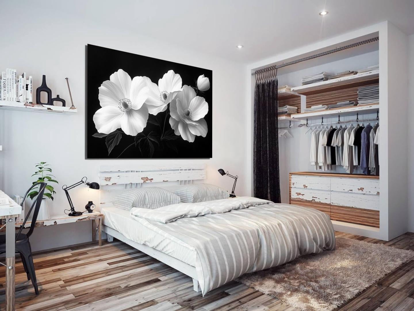 Mudket Framed Canvas Wall Art, Black and White Poppy Flowers Wall Decor, Minimalist Modern Floral Waterproof Art Prints for Living Room Bedroom Bathroom Home Decor - 18"L x 12"W