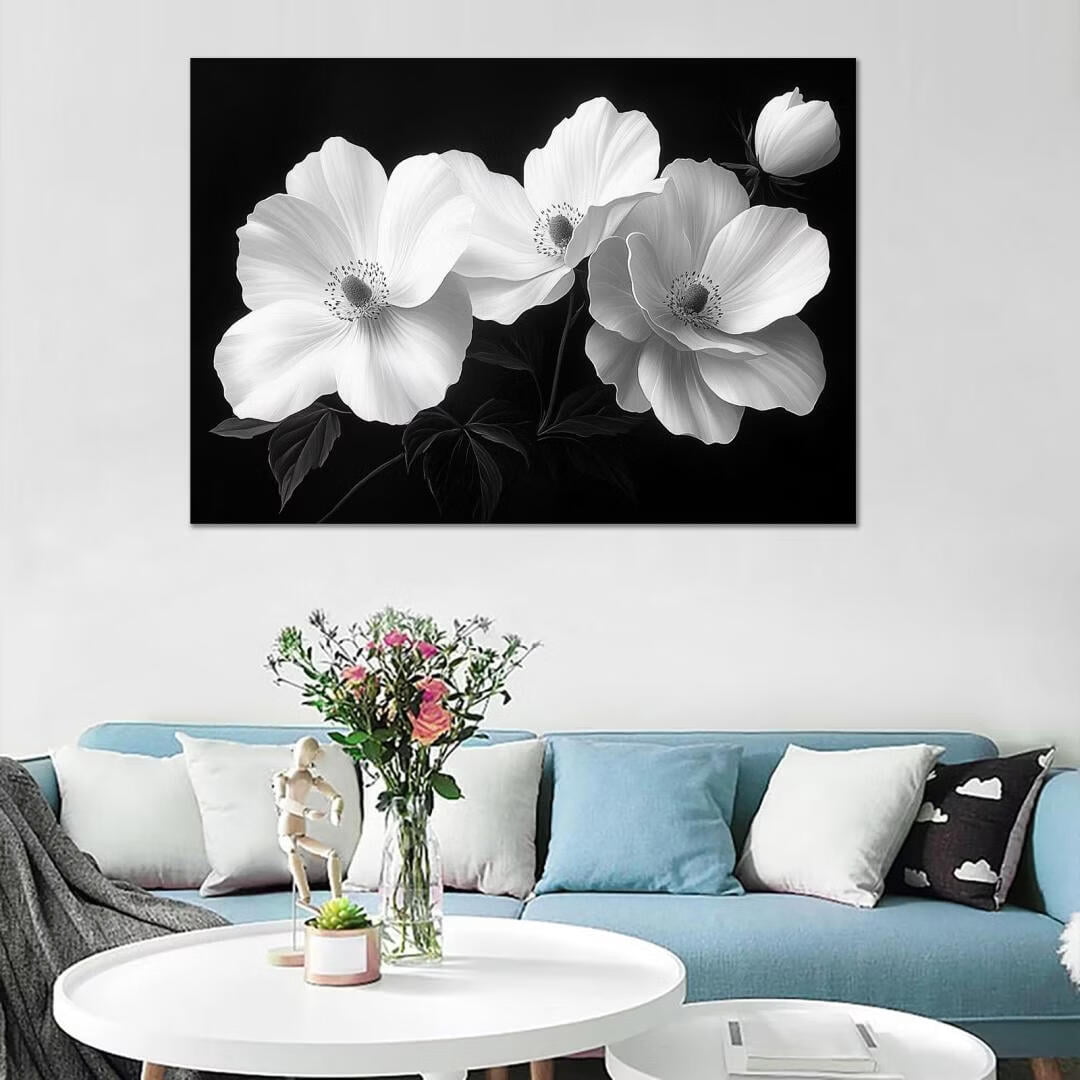 Mudket Framed Canvas Wall Art, Black and White Poppy Flowers Wall Decor, Minimalist Modern Floral Waterproof Art Prints for Living Room Bedroom Bathroom Home Decor - 18"L x 12"W