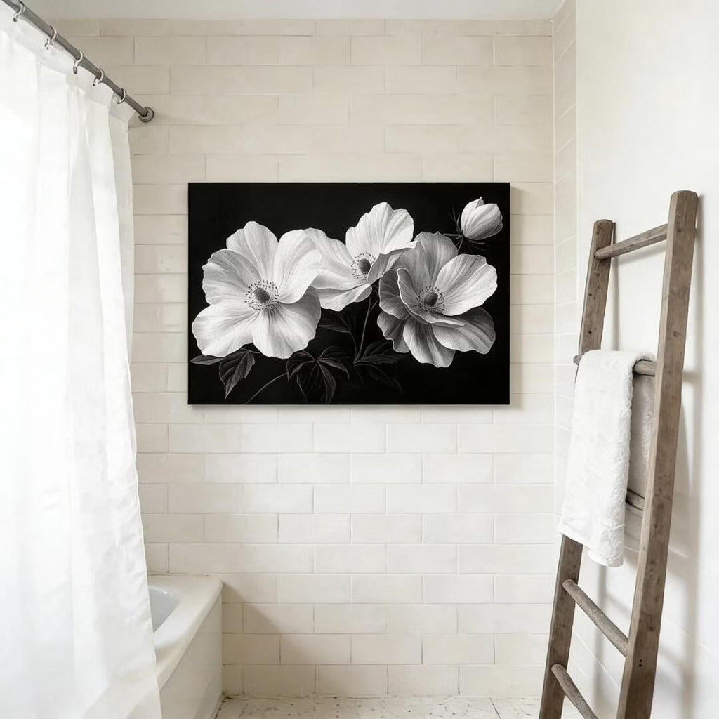Mudket Framed Canvas Wall Art, Black and White Poppy Flowers Wall Decor, Minimalist Modern Floral Waterproof Art Prints for Living Room Bedroom Bathroom Home Decor - 18"L x 12"W