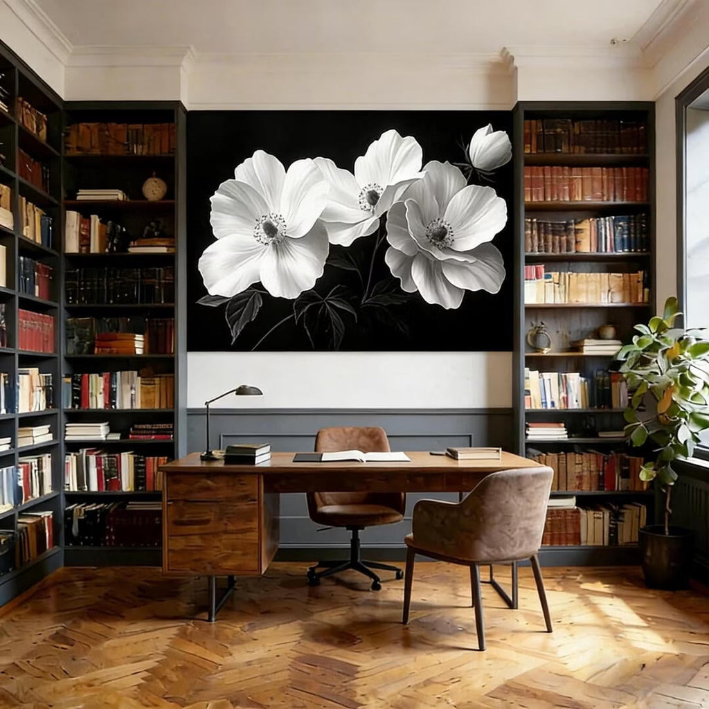 Mudket Framed Canvas Wall Art, Black and White Poppy Flowers Wall Decor, Minimalist Modern Floral Waterproof Art Prints for Living Room Bedroom Bathroom Home Decor - 18"L x 12"W